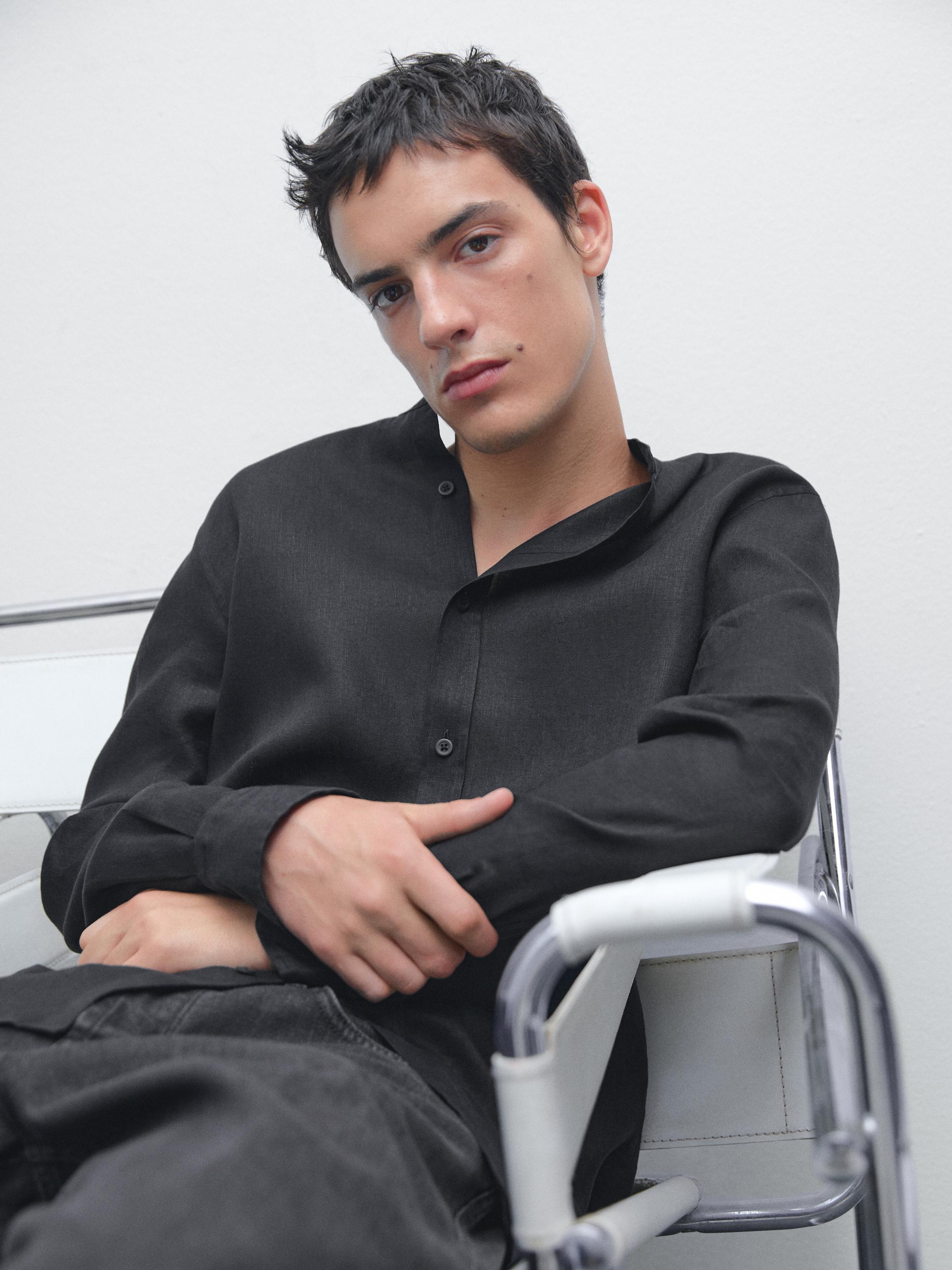 100% linen stand collar shirt
