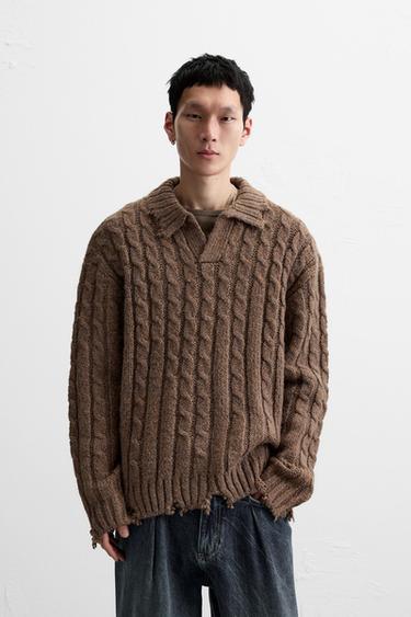 DISTRESSED CABLE KNIT POLO SHIRT - Brown by Zara - Image 0
