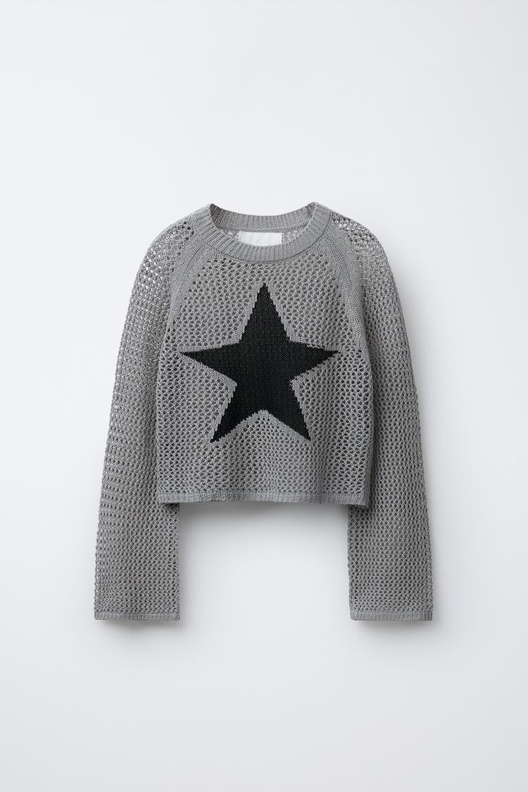Crew Neck Plt Cropped Jumper STAR MESH SWEATER Mid-grey ZARA India