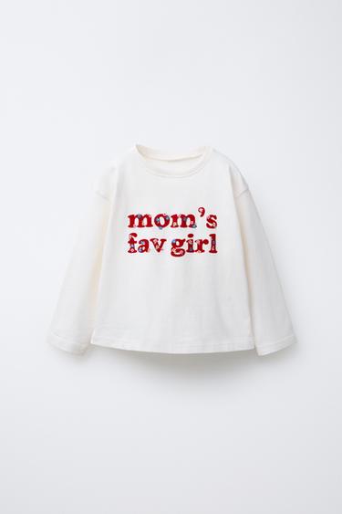 T-SHIRT MED FLOCK-TEKST - råhvid fra Zara