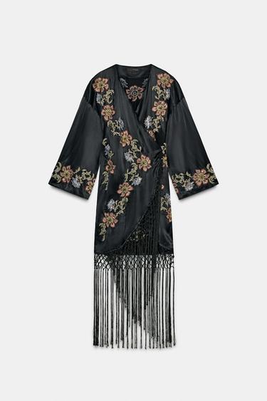 KIMONO WITH FLORAL EMBROIDERY AND FRINGES - Black by Zara