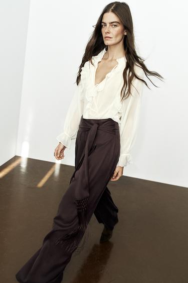 QUẦN CÓ THẮT LƯNG TUA RUA - Màu nâu từ Zara - Hình ảnh 0