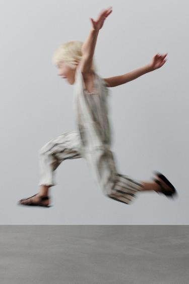 Zara 條紋亞麻吊帶長褲 - 裸色 / 藍色