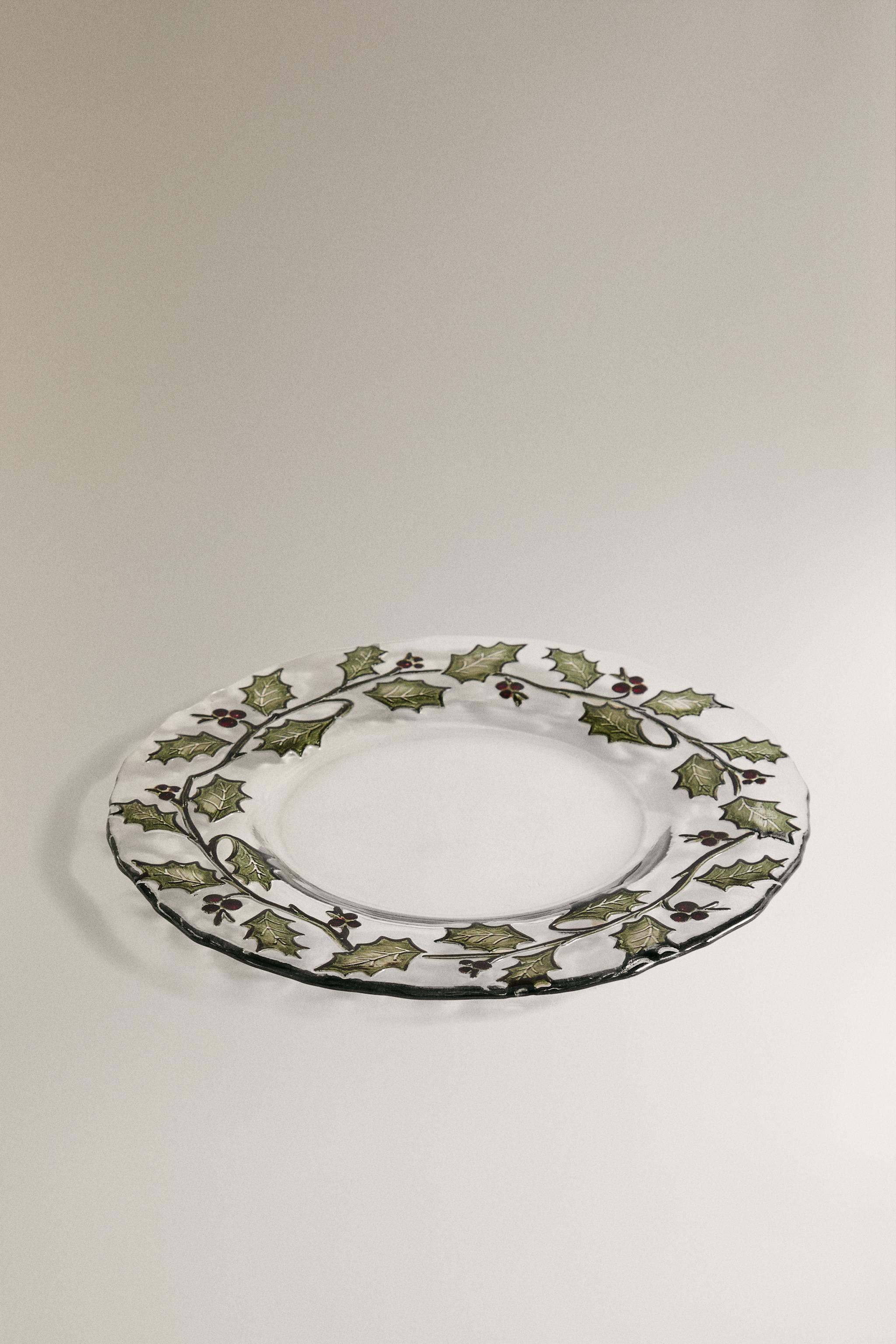 CHRISTMAS GLASS HOLLY LEAF DESSERT PLATE
