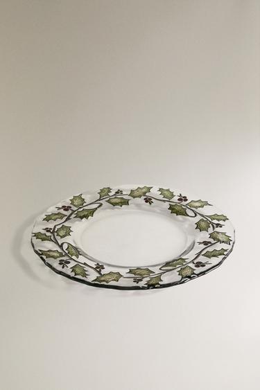 GLASS CHRISTMAS HOLLY LEAF DESSERT PLATE - 990 by Zara - Image 1