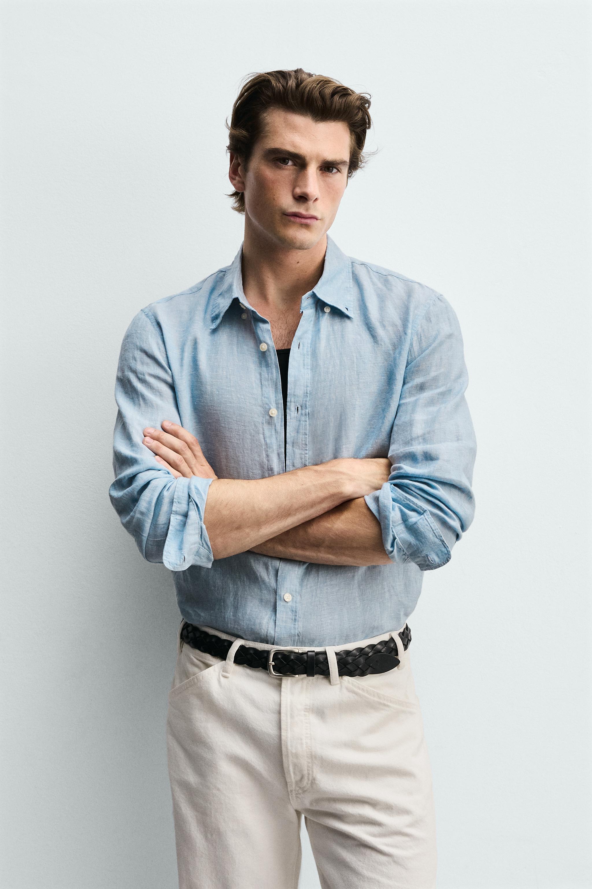 100% LINEN REGULAR FIT SHIRT — Faded sky blue