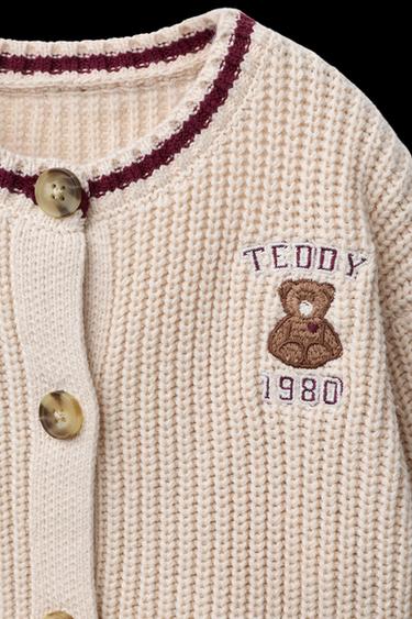 Zara VARSITY BEAR EMBROIDERED CARDIGAN - Mid-ecru