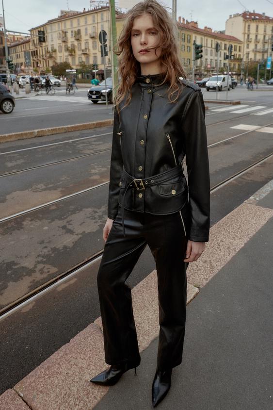 FAUX LEATHER BELTED JACKET