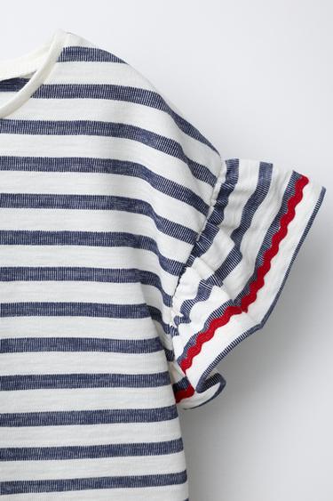 WOVEN STRIPED T-SHIRT WITH RUFFLE TRIM - Navy blue by Zara - Image 3