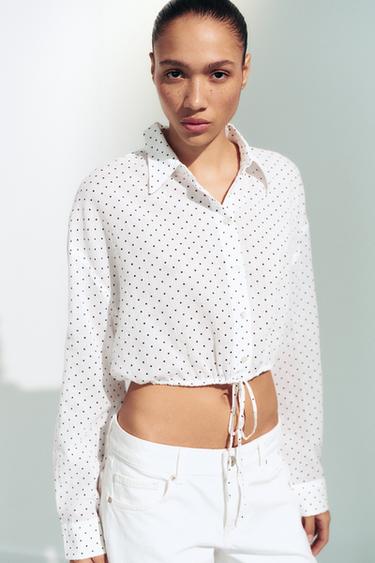 CHEMISE COURTE EN GAZE À POIS AVEC LACET AJUSTABLE - Noir / Blanc de Zara - Image 2