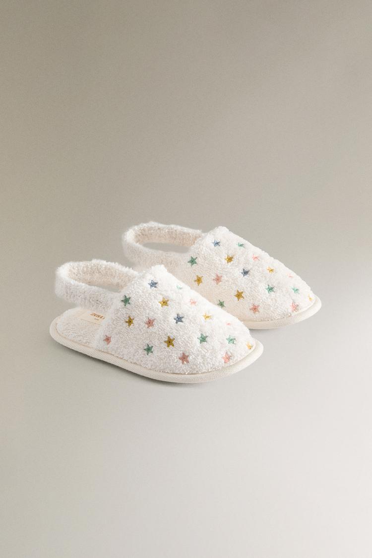 KIDS’ TERRY BATHROOM SLIPPERS WITH STARS — White