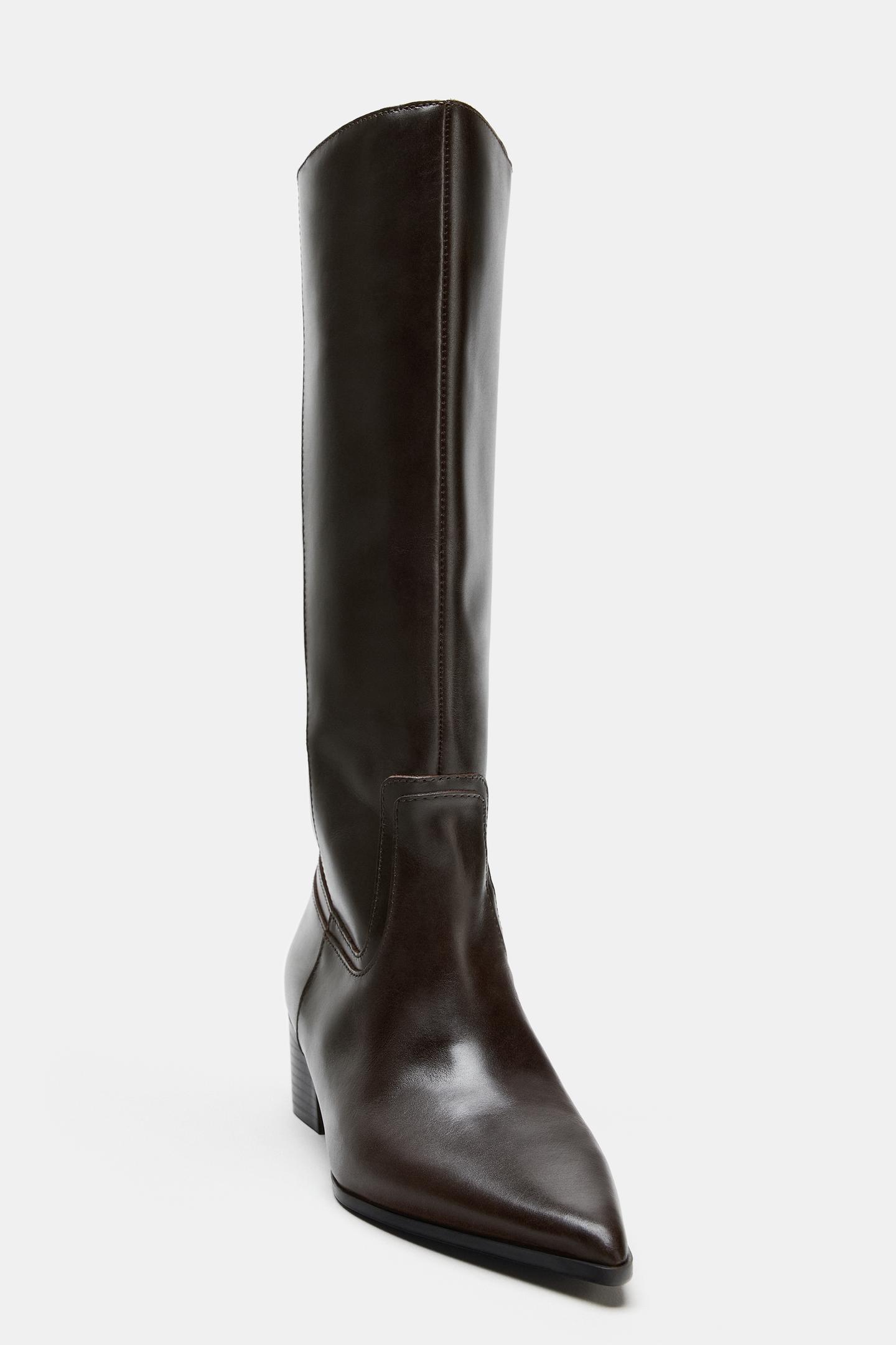 Женские ботинки Zara Leather Cowboy Heeled, цвет: Коричневый — фото 4
