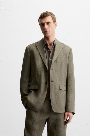 Zara 100% LINEN SUIT BLAZER - Dark khaki