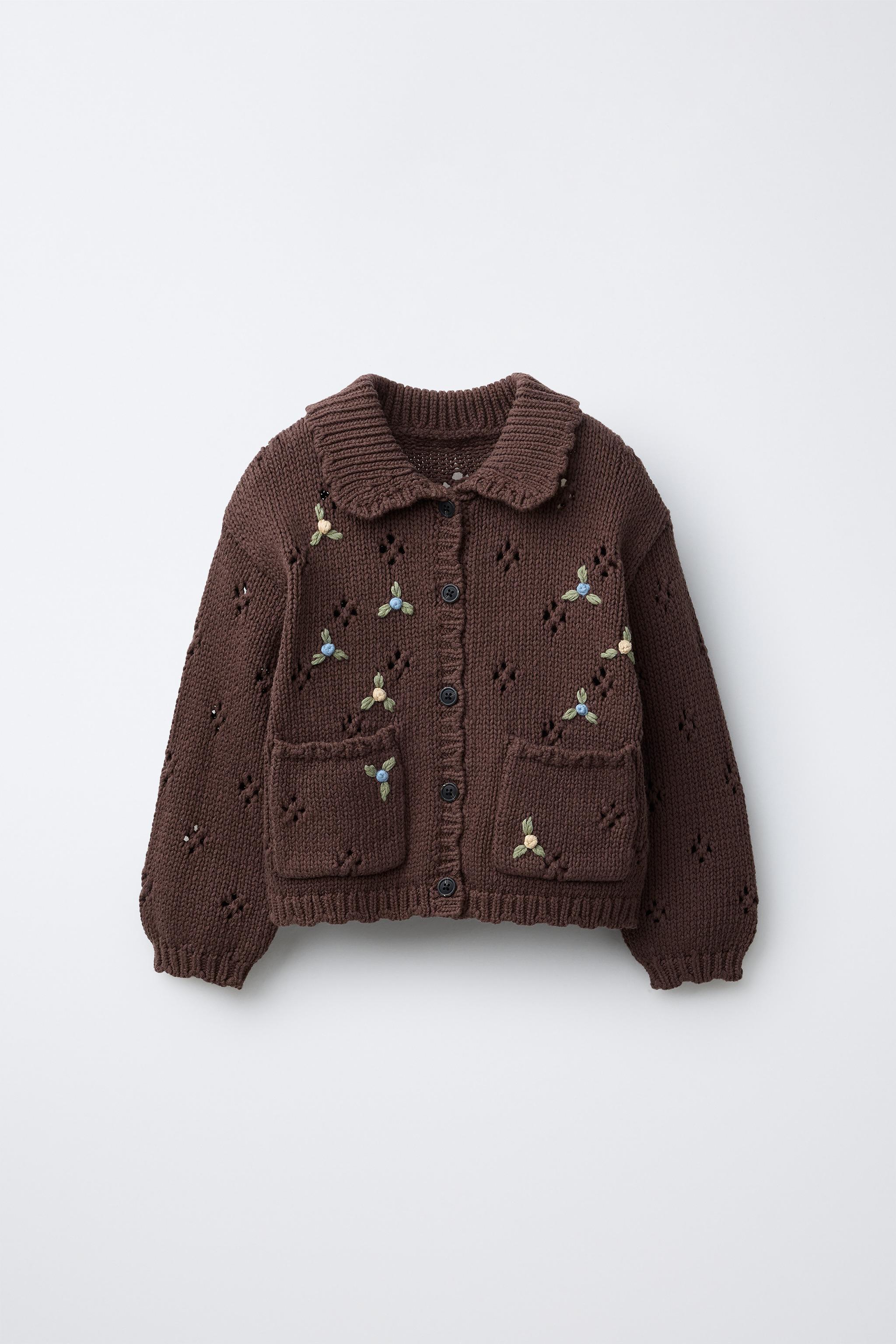 刺繍入りニットカーディガン - チョコレート | ZARA Japan / 日本