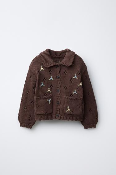EMBROIDERED KNIT CARDIGAN - Chocolate by Zara