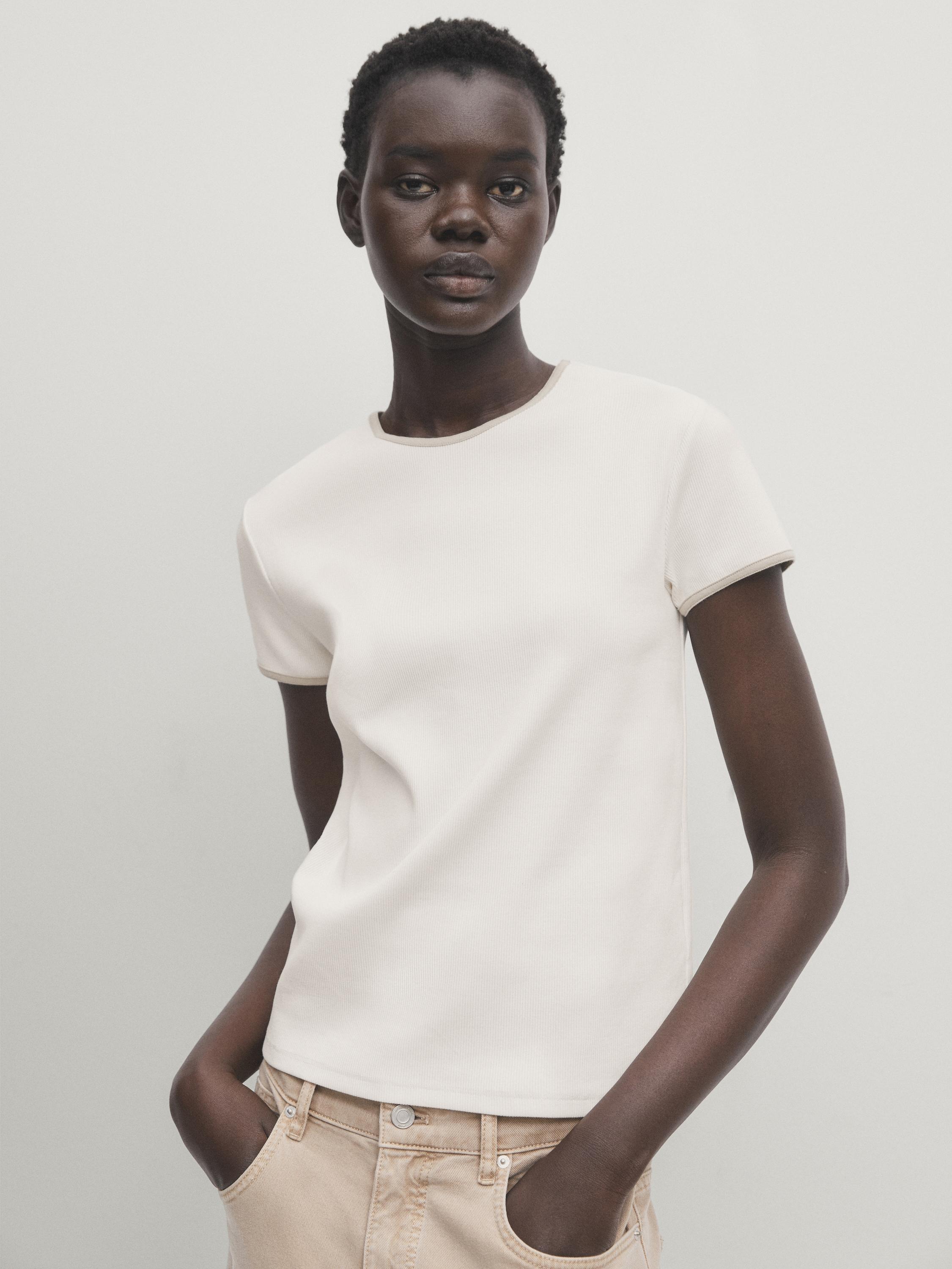 Short sleeve contrast T-shirt - Stone | ZARA United States