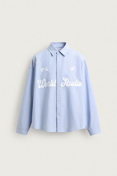 CAMISA BOXY FIT OXFORD TEXTO ESTAMPADO - Azul claro de Zara