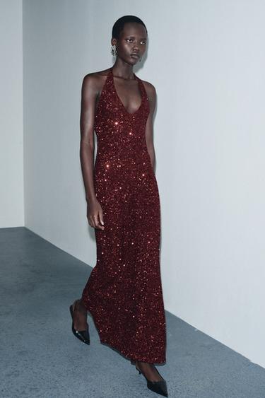 Zara SEQUIN V-NECK DRESS - Dark burgundy - Image 0