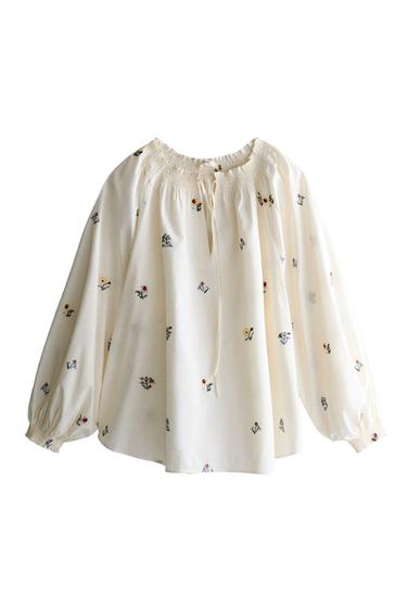 Zara FLORAL EMBROIDERED SHIRT PAJAMA - 磨白色