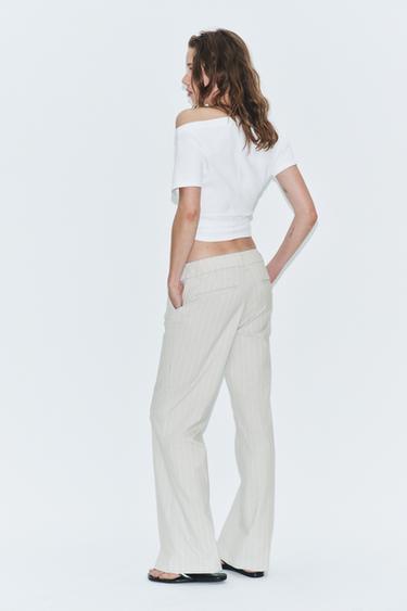 PANTALON DROIT TAILLE BASSE À RAYURES - Blanc / Gris de Zara - Image 2
