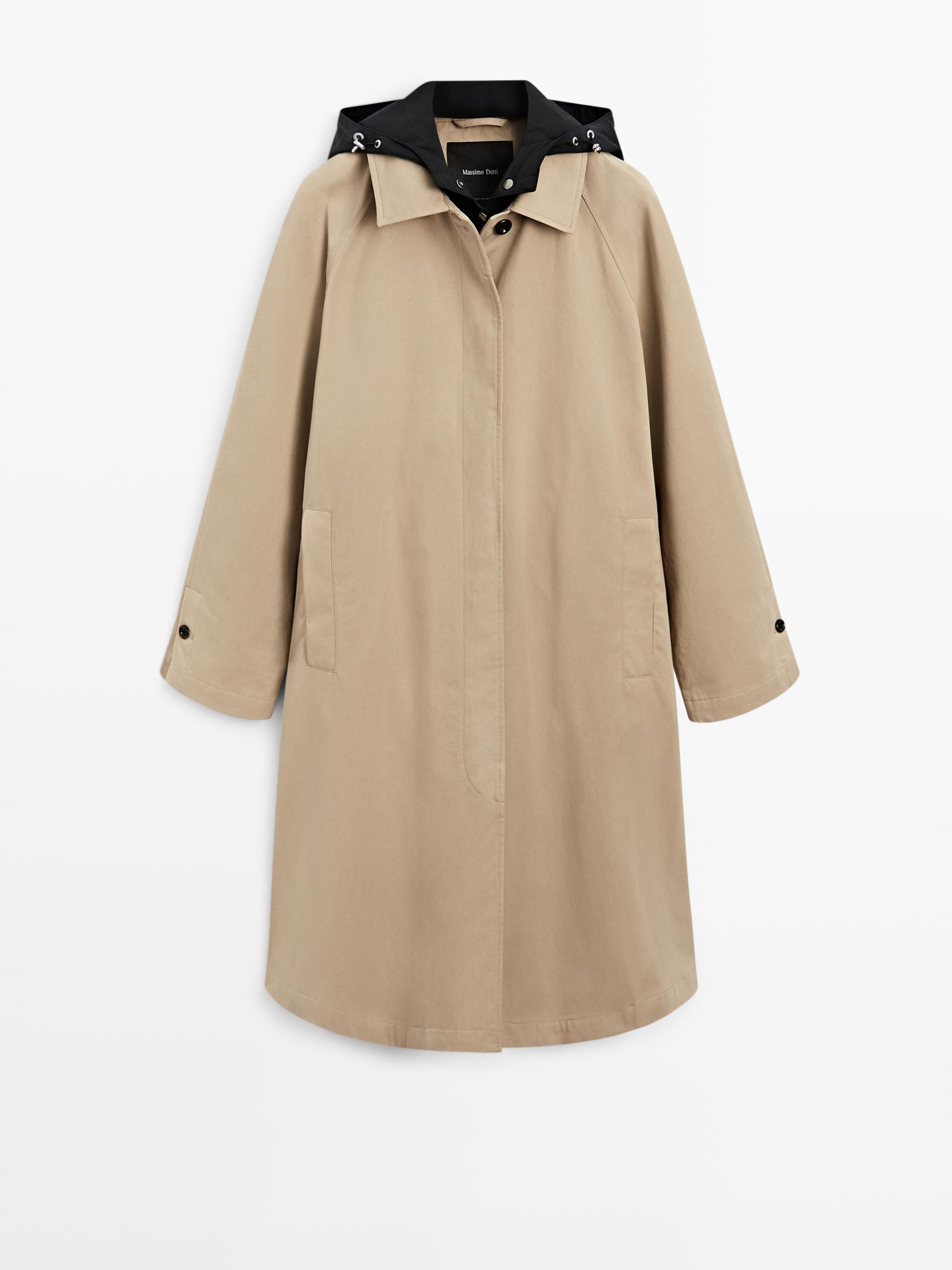 Cape trench coat with detachable hood