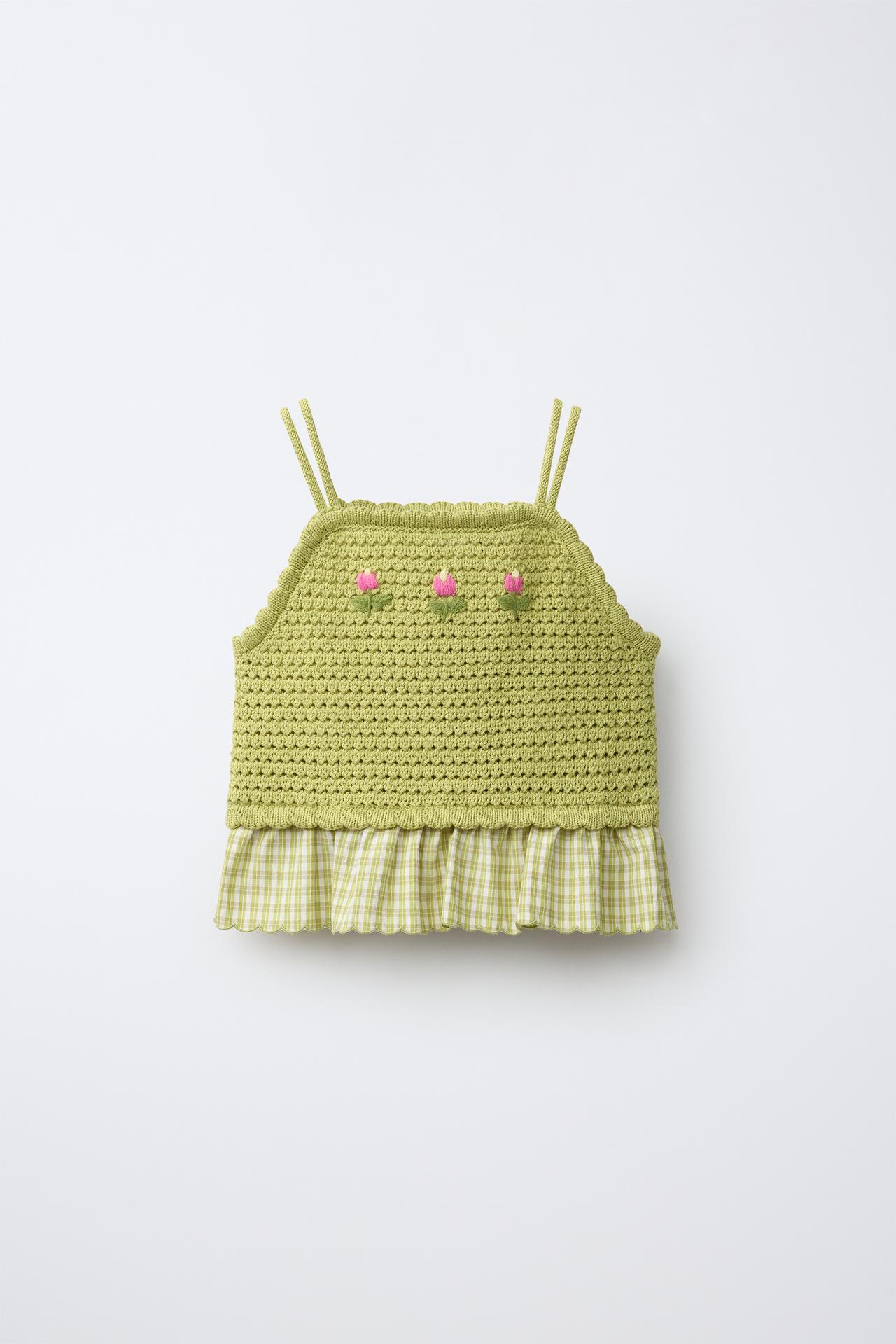 COMBINED GINGHAM AND EMBROIDERED KNIT TOP — Light green