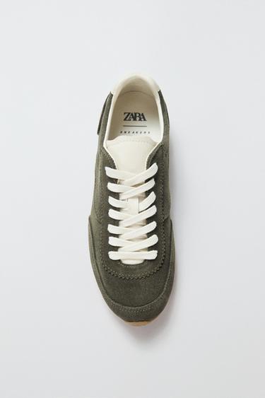 Zara CONTRASTING SPLIT SUEDE SNEAKERS - Khaki Green