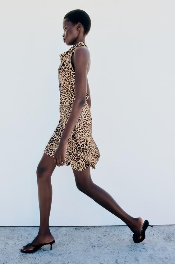 leopard print satin dress zara Zara - Short Satin Effect Dress - Leopard - Xl