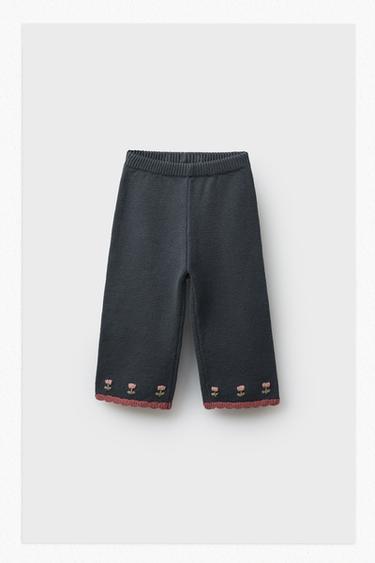 Zara EMBROIDERED FLORAL KNIT CULOTTES - Mid-blue