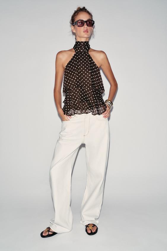 RUFFLED HALTER NECK TOP WITH DOTS - brown/white by Zara - Image 0