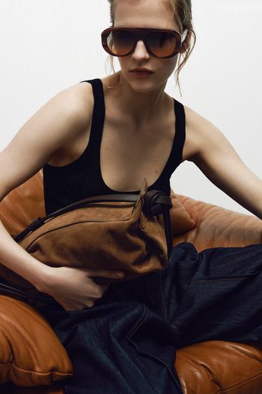 LONG LEATHER BUCKET BAG - SAND/BROWN by Zara