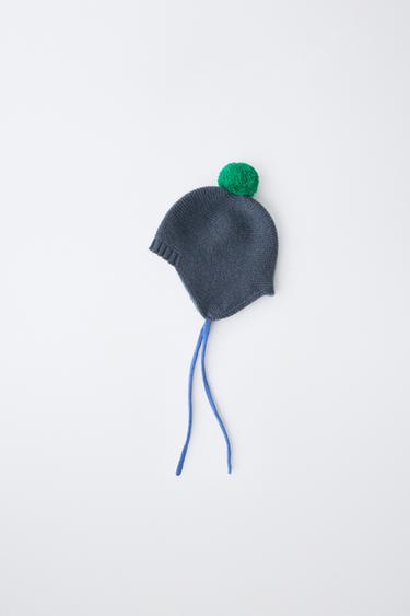 Zara KNIT POM-POM BEANIE 100% WOOL - Blue