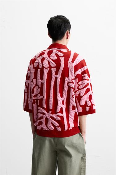 CHEMISE EN MAILLE JACQUARD CONTRASTE - Rouge de Zara - Image 2