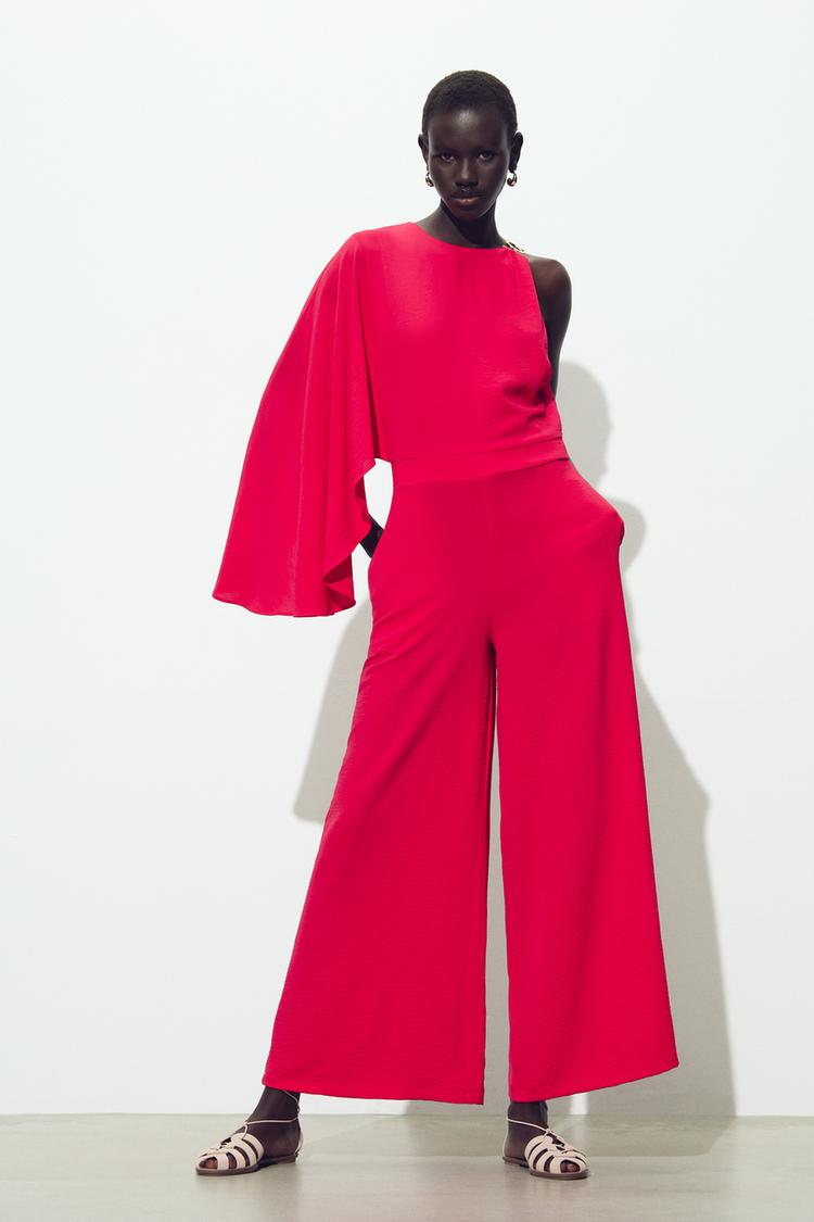 Massimo Dutti Red Jumpsuit ASYMMETRIC WIDE JUMPSUIT Raspberry ZARA