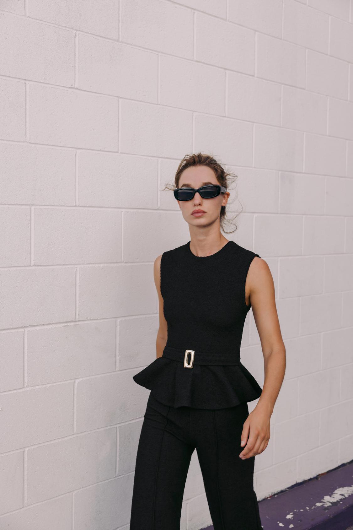 BOUCLÉ BUCKLE PEPLUM TOP