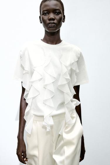 RUFFLED T-SHIRT - White by Zara