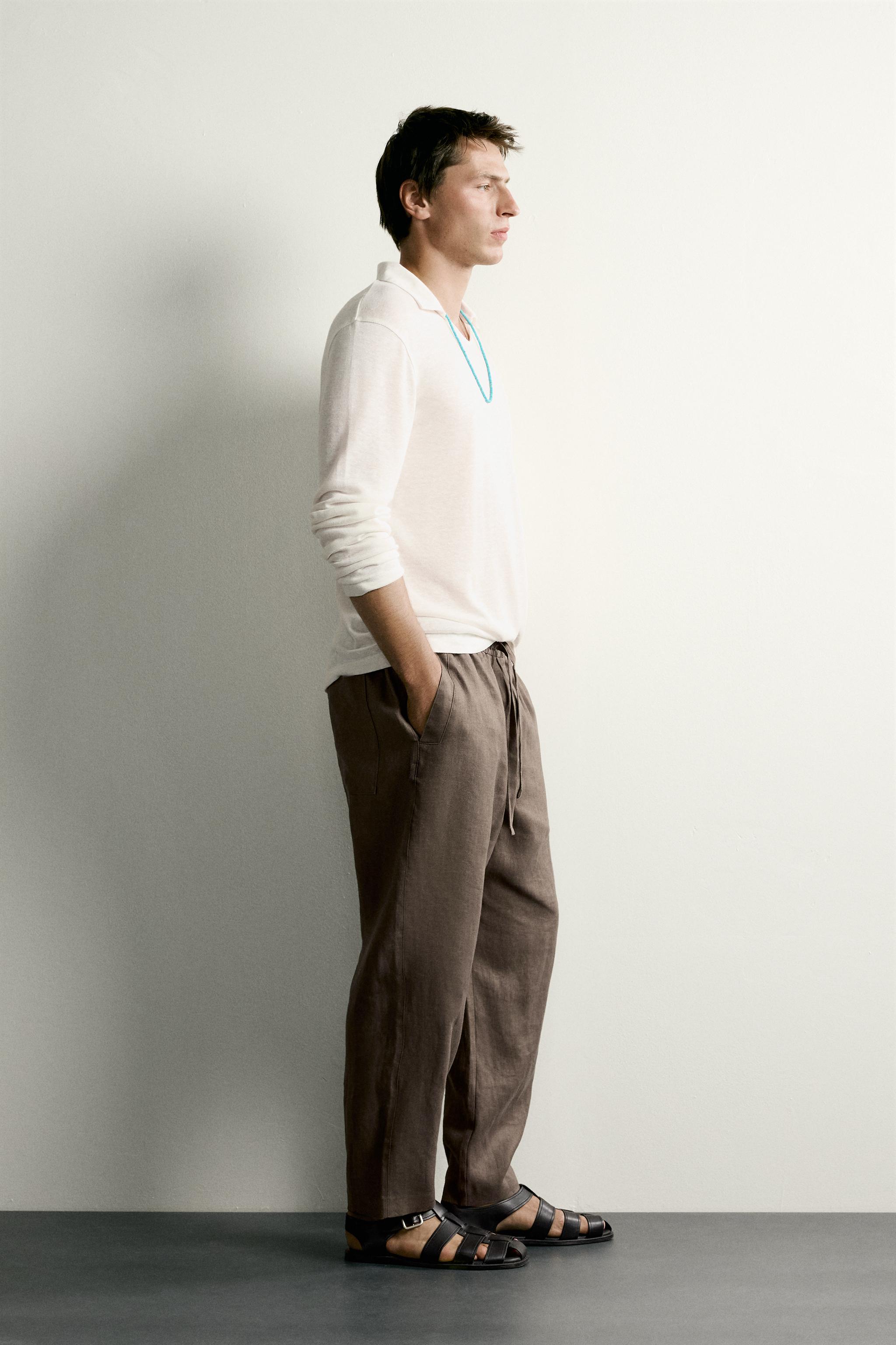 Zara %100 KETEN RELAXED FIT PANTOLON görsel 4