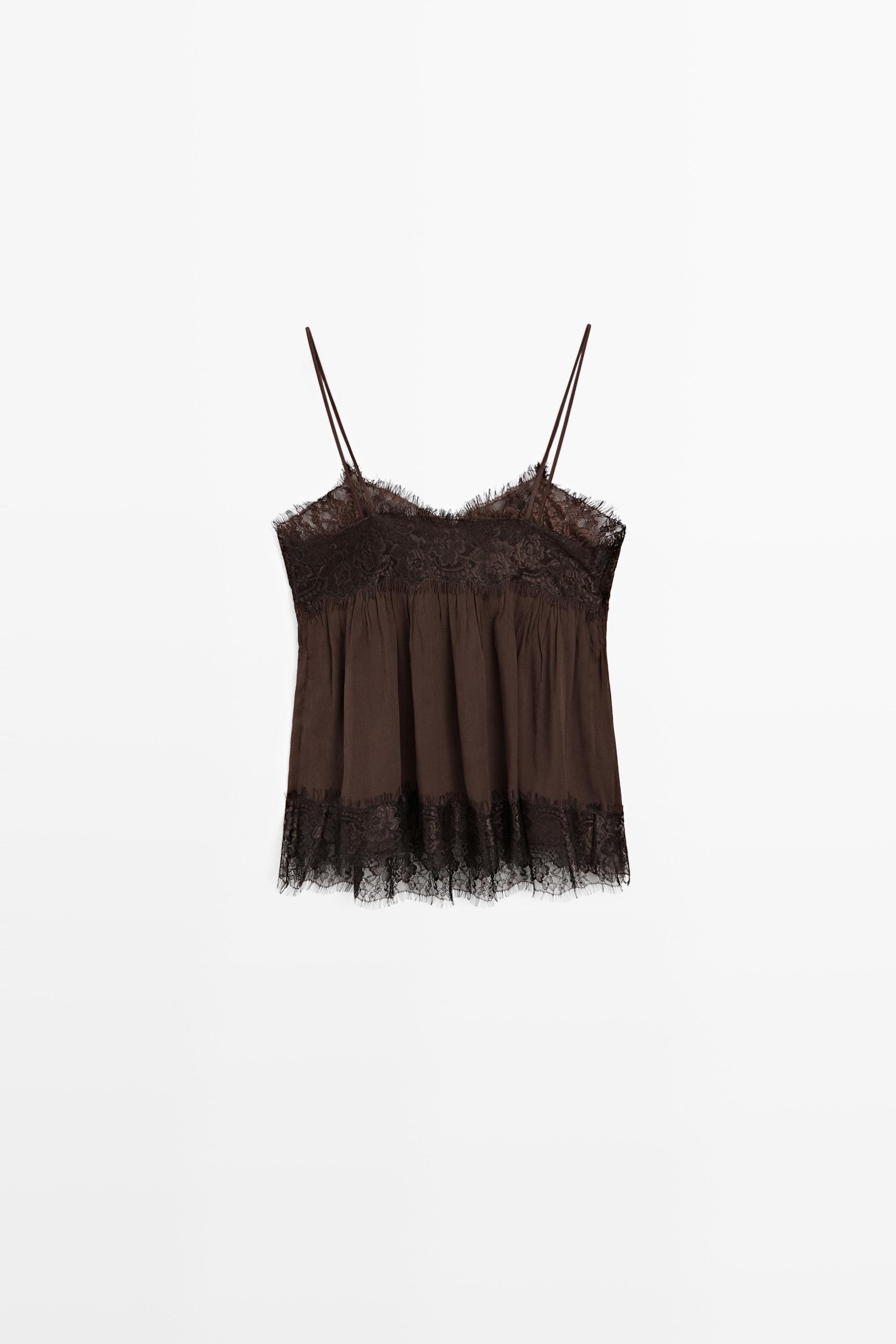 Camisole top with contrast lace detail — Brown