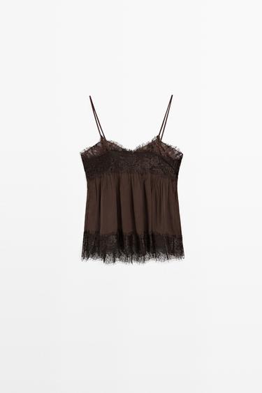 Zara Camisole top with contrast lace detail - Brown