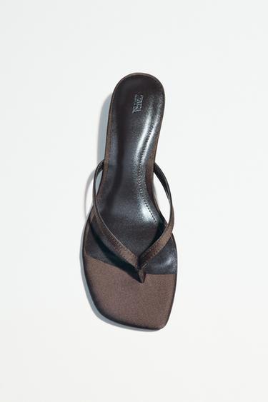 SATIN KITTEN-HEEL SANDALS - Brown by Zara