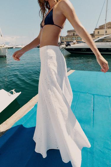 JUPE MI-LONGUE BRODERIES PERFORÉES - Blanc de Zara