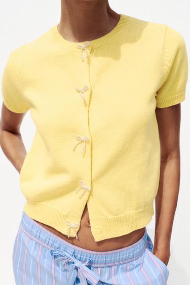 CARDIGAN WITH FAUX PEARL TIES - Yellow by Zara