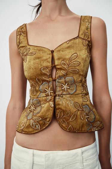 BEADED EMBROIDERED VEST TOP — Ocher 1