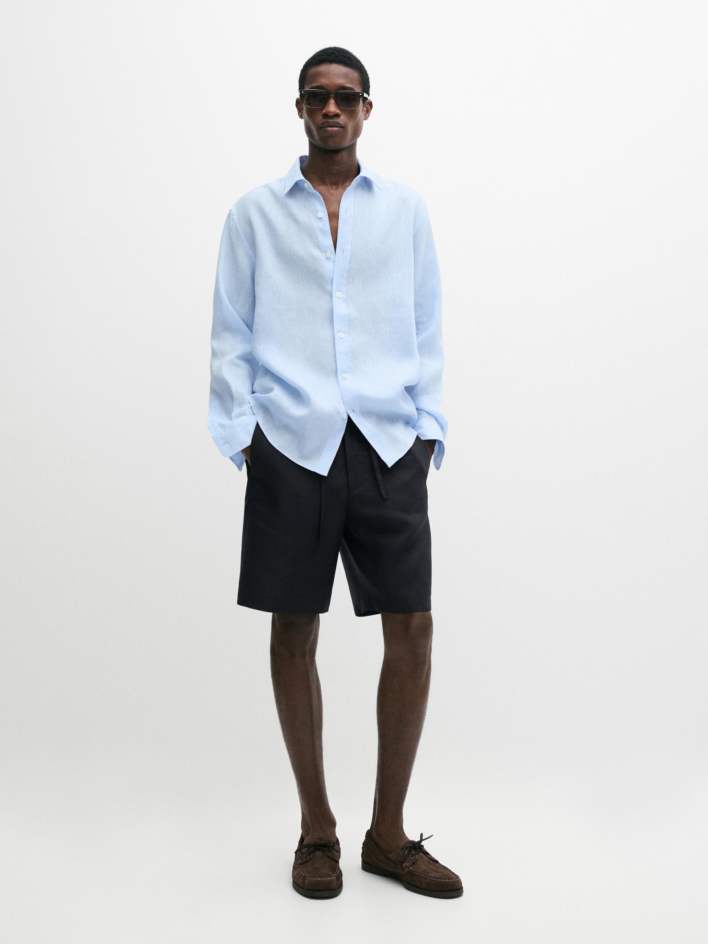 100% linen short Bermuda shorts — Navy blue