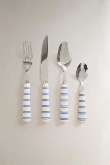 CUTLERY SET WITH STRIPED HANDLE (SET OF 4) - Blue by Zara - Image 0