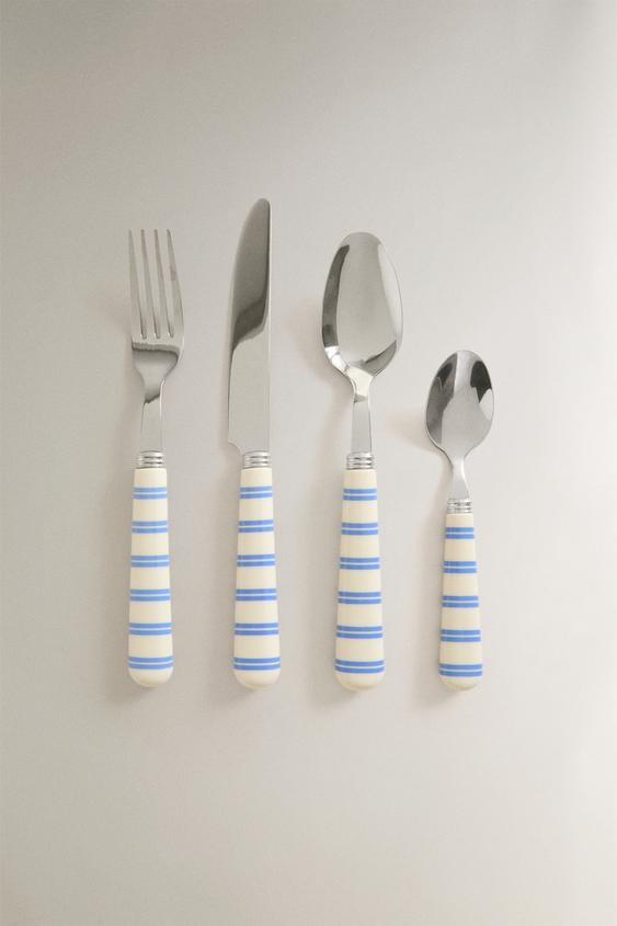 CUTLERY SET WITH STRIPED HANDLE (SET OF 4) - Blue by Zara - Image 0
