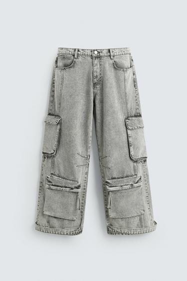 PANTALÓN DENIM CARGO BOLSILLOS - Gris de Zara - Imagen 0
