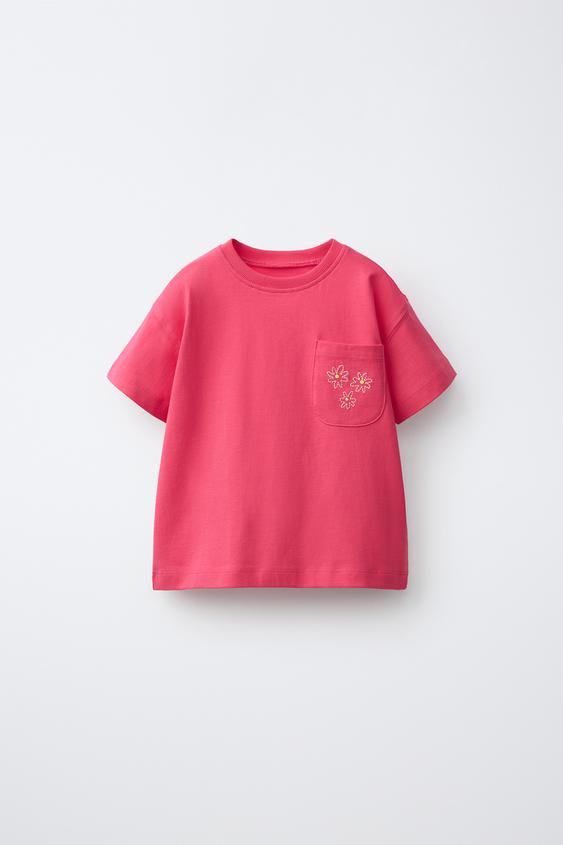 EMBROIDERED POCKET T-SHIRT - Red by Zara - Image 0