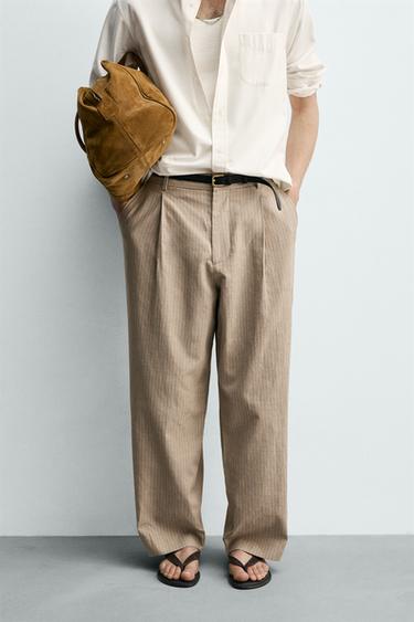 Zara RELAXED FIT LINEN - COTTON PANTS - taupe brown
