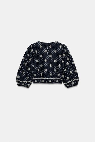 BLOUSE WITH CUTWORK EMBROIDERY AND DOTS - Navy blue by Zara - Image 6
